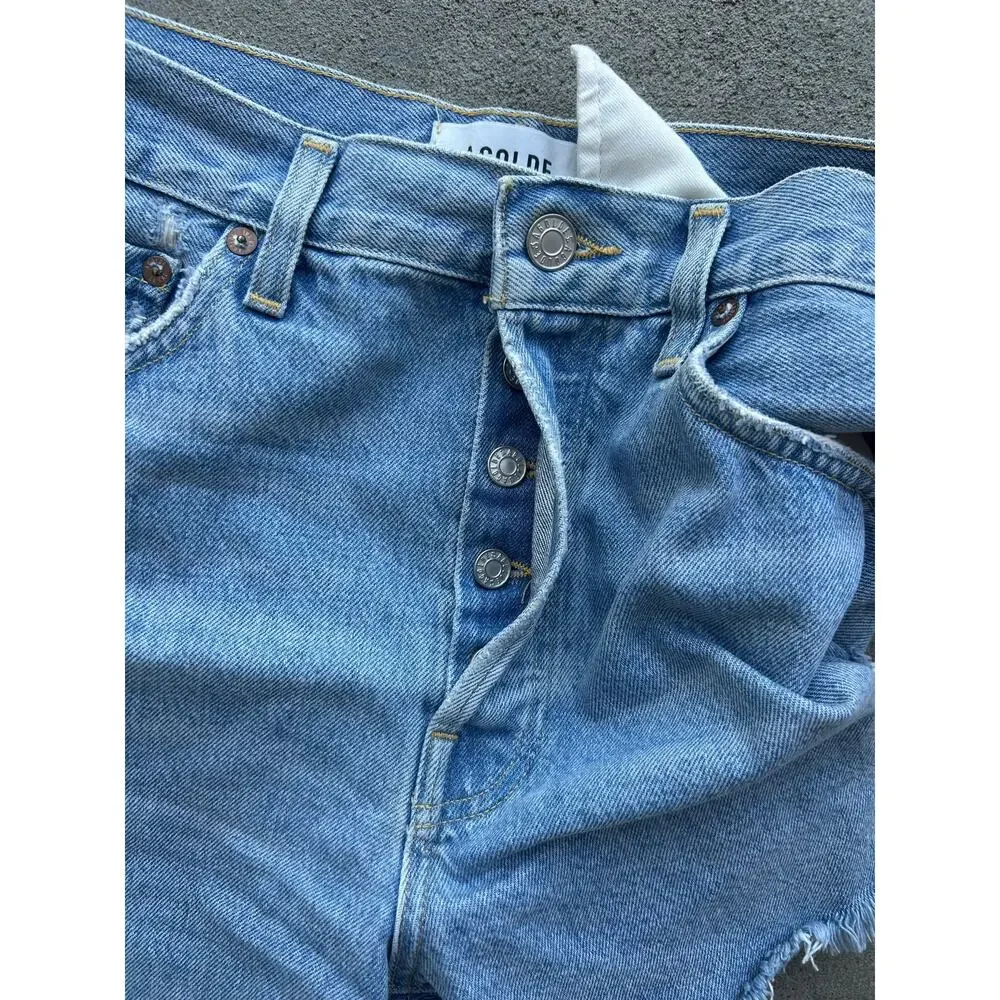 AGOLDE Parker Long Denim Shorts Women’s 29 Blue Distressed Raw Hem 100% Cotton